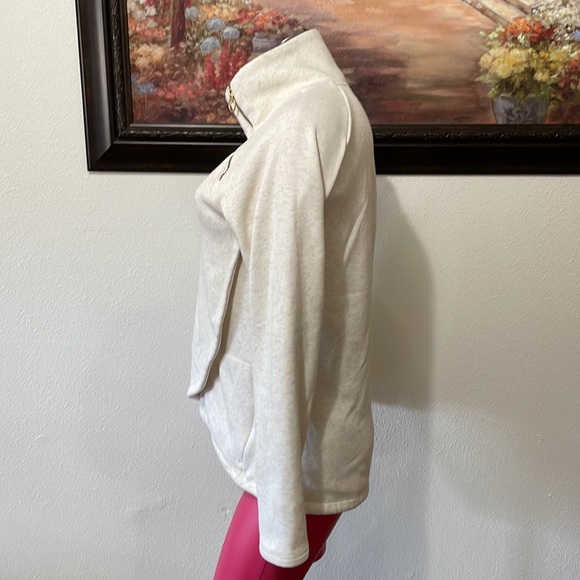 Athleta Cozy Karma Asymmetric Fleece Mock Neck Funnel Pullover Oatmeal Heather - Picture 3 of 16